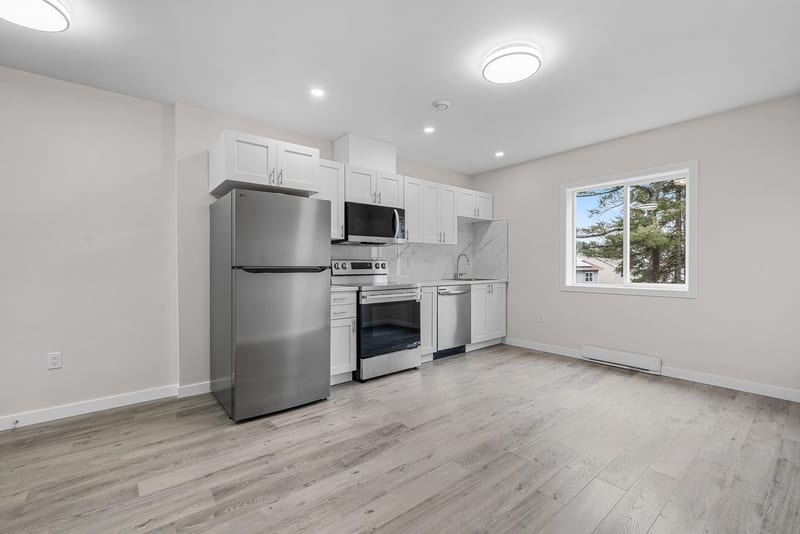 A finished two-bedroom: the kitchen, with the window to the street