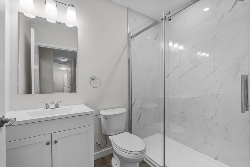 The bathroom: the glass shower, the vanity