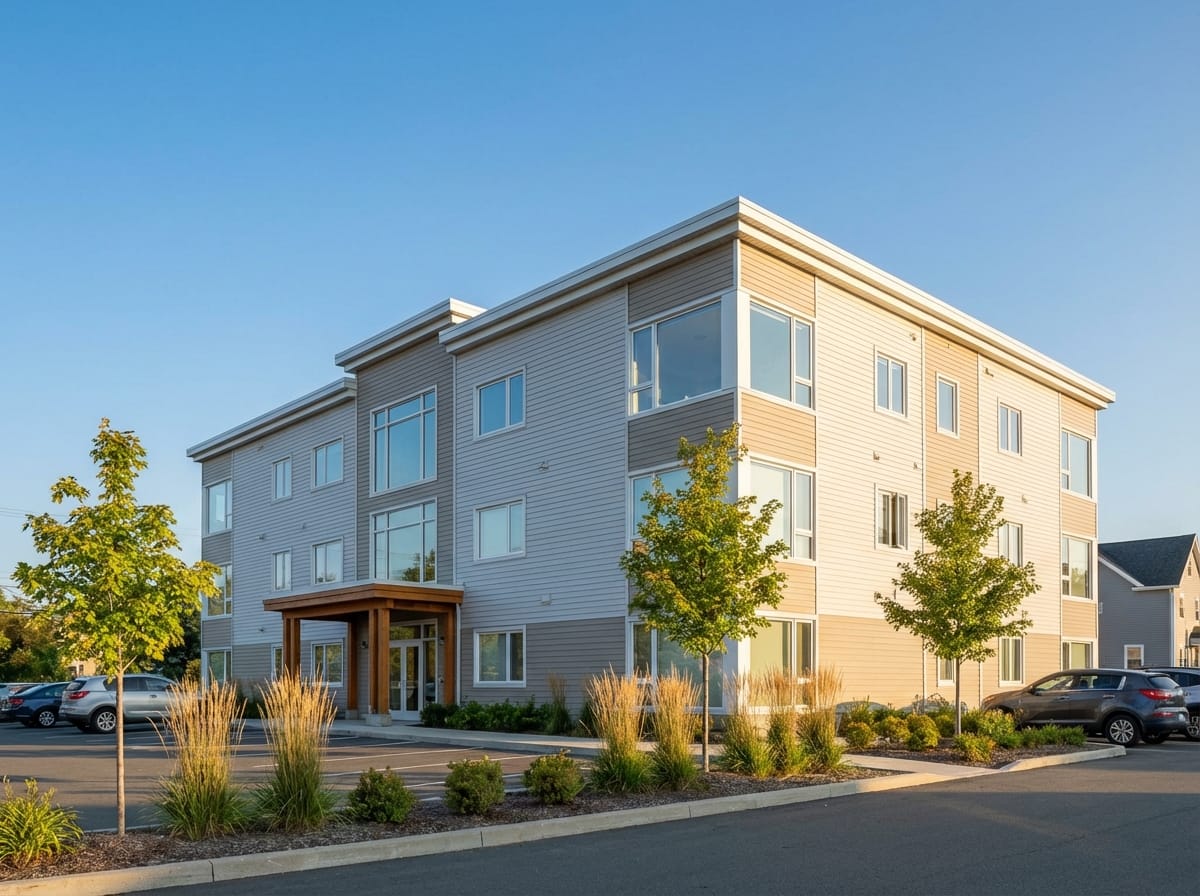 Completed modern sixplex apartment building in a Nova Scotia town with professional landscaping
