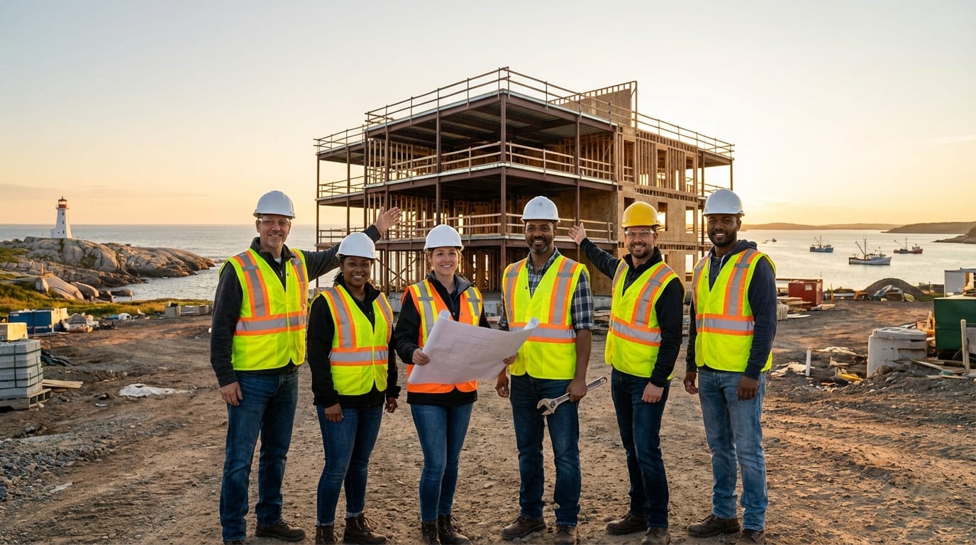 Diverse construction team standing together at an active building site in Nova Scotia