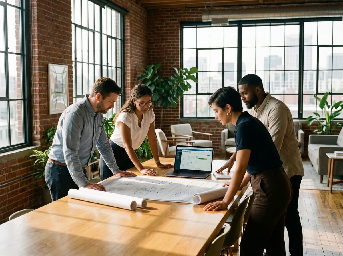 Helio professionals collaborating around building plans in a modern office