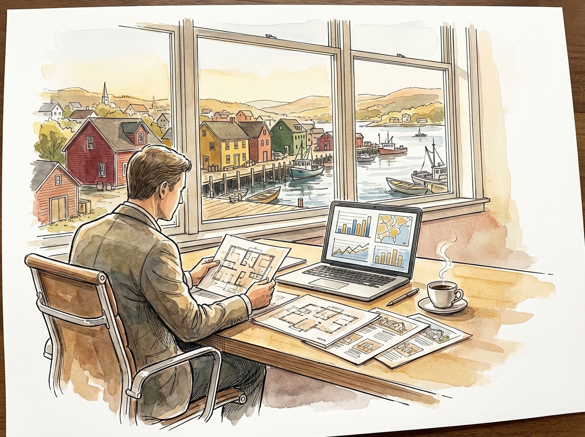 Ink and watercolour illustration of an investor reviewing property deals with a Nova Scotia harbour town in the background