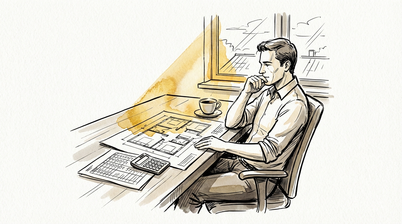 Ink and watercolor illustration of a person contemplating architectural plans and financial projections at a desk