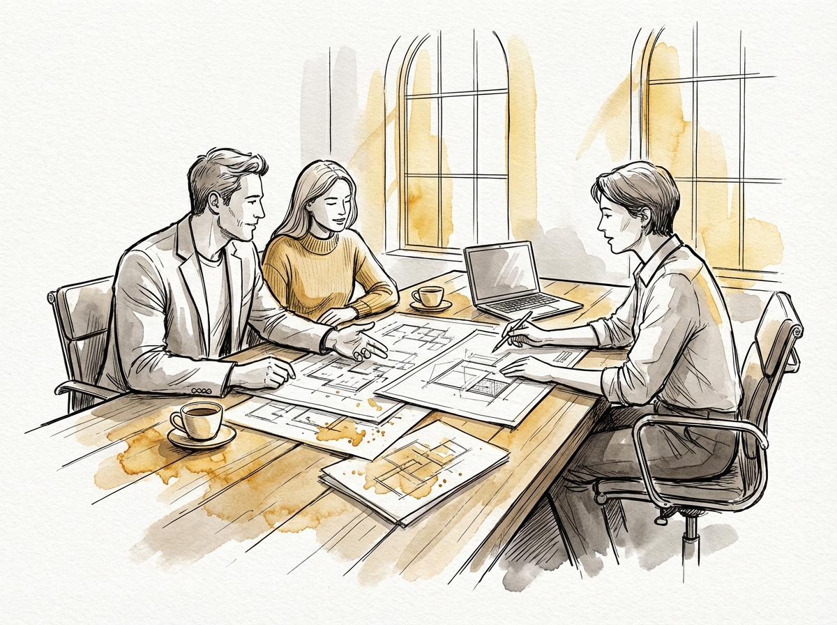 Ink and watercolor illustration of a professional consultation meeting reviewing architectural plans