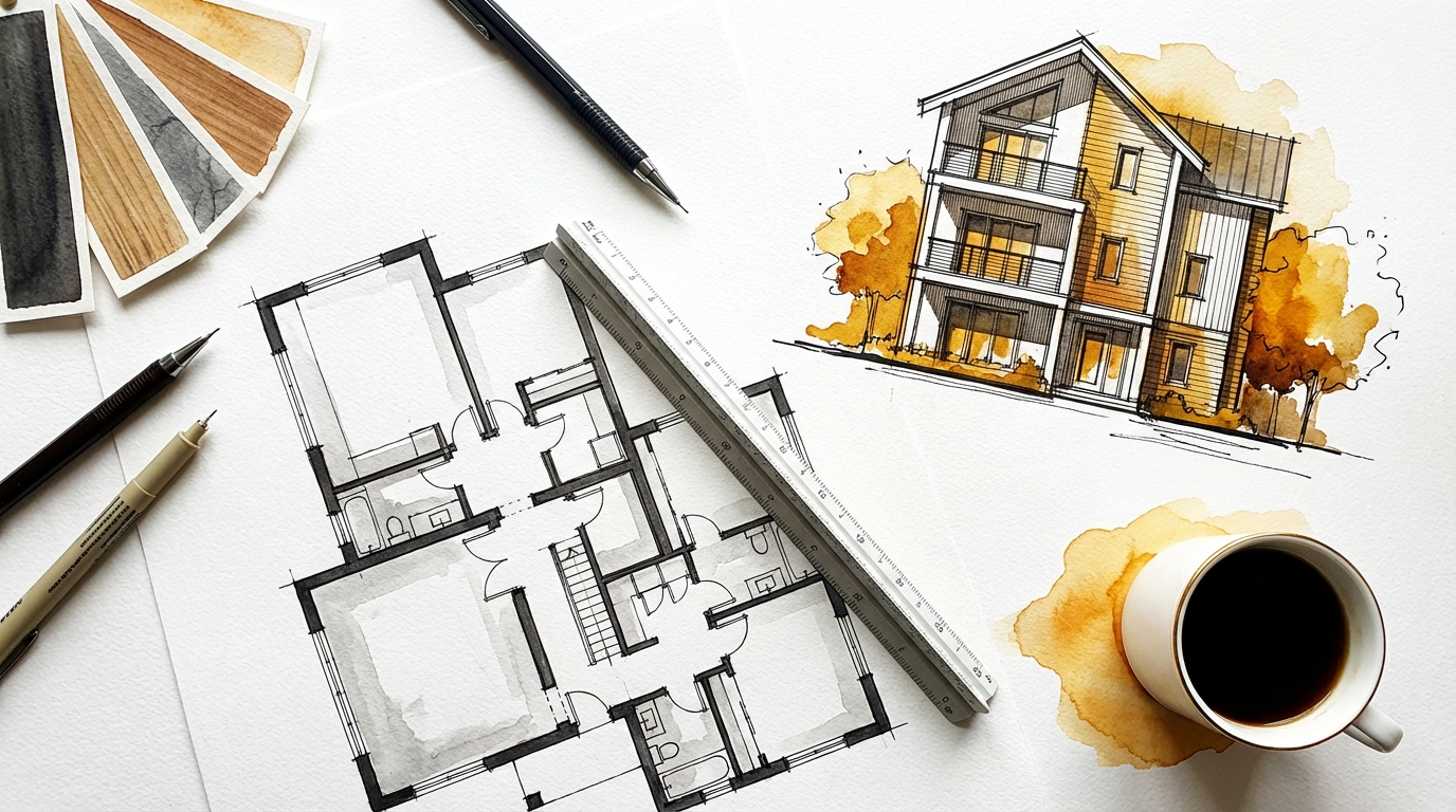 Ink and watercolor illustration of architectural floor plans, elevation drawings, and material samples on a desk