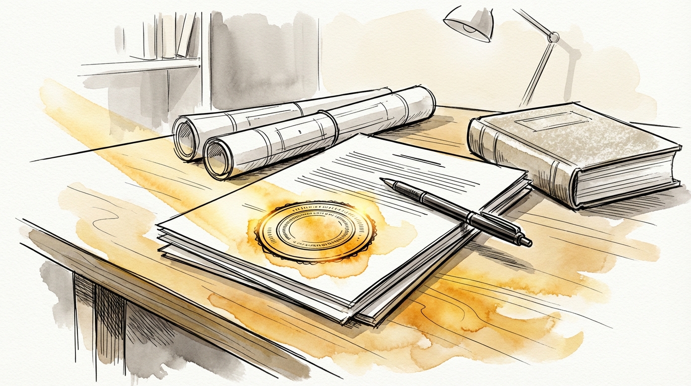 Ink and watercolor illustration of building permit documents with an approval seal