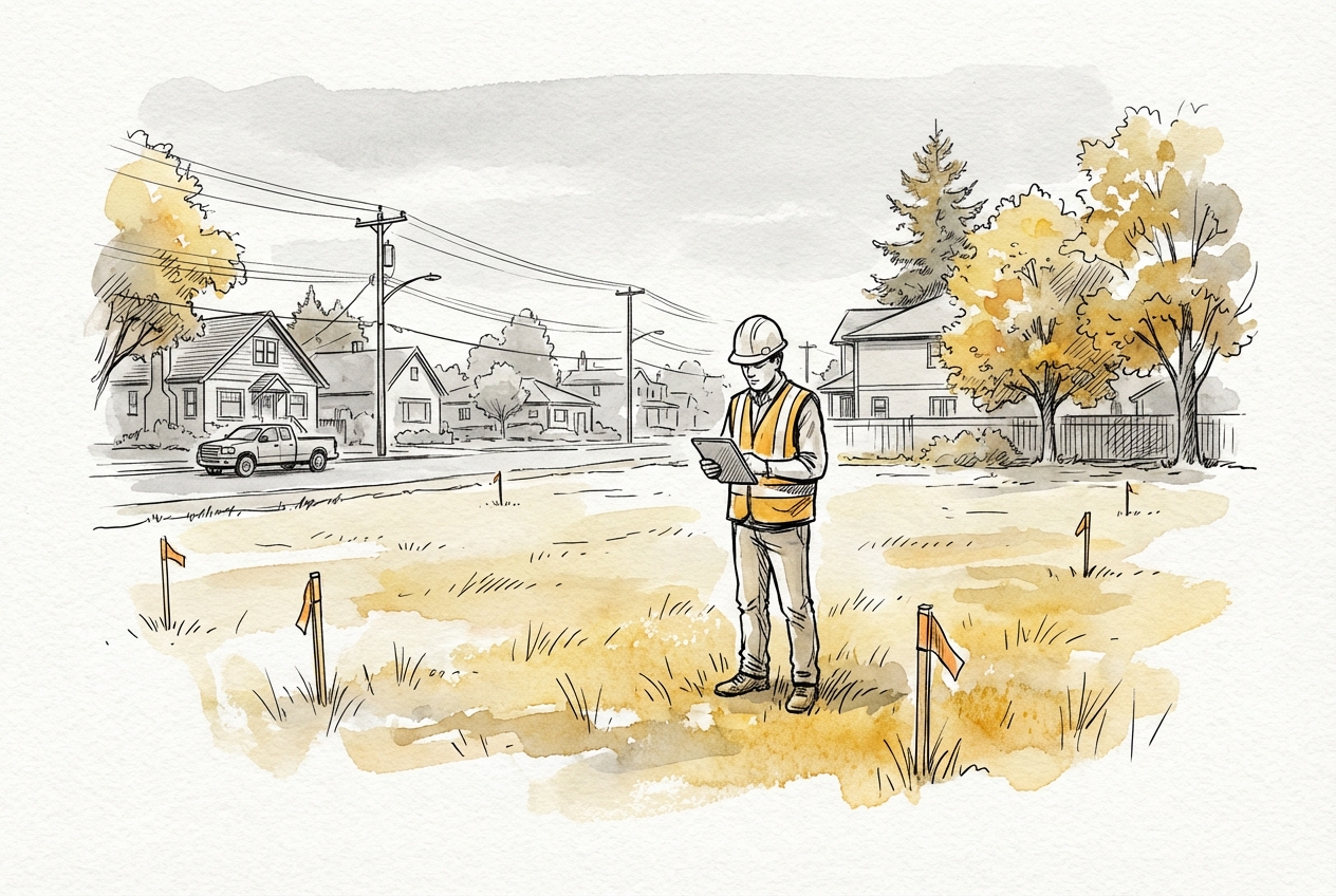 Ink and watercolor illustration of a site assessor surveying a residential lot