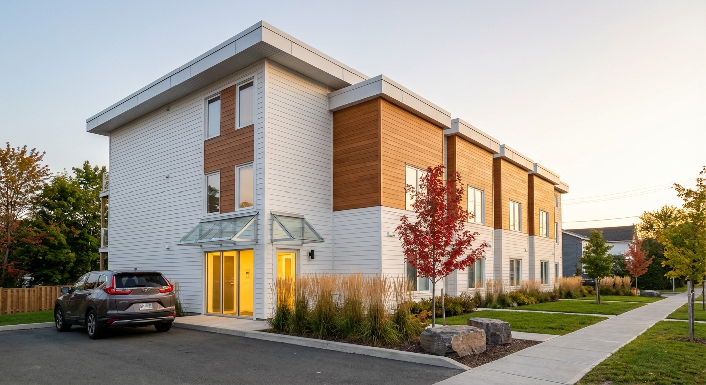 Modern 8-unit apartment building in Halifax, Nova Scotia with white fiber cement siding and warm wood accents